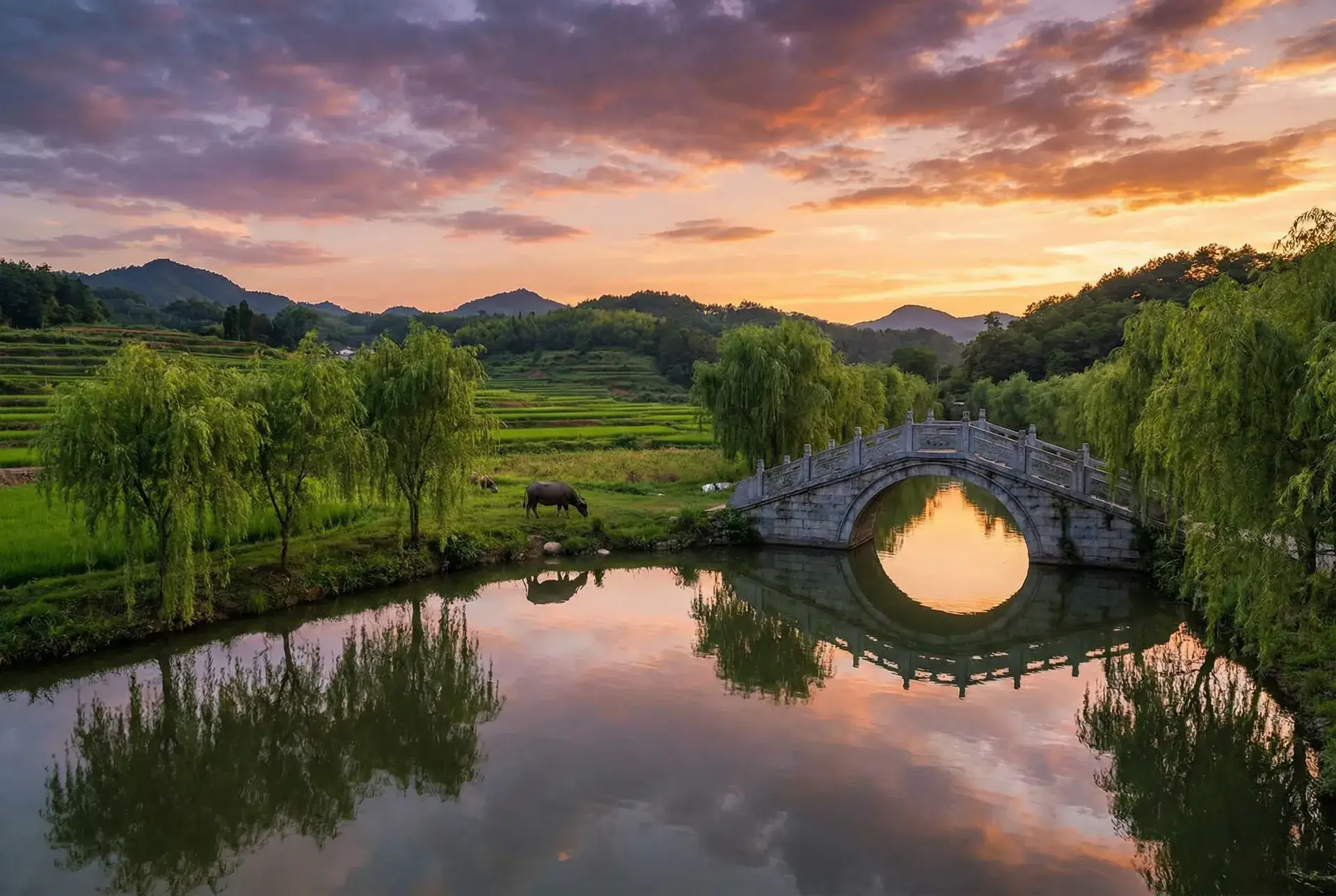 夕阳下的石拱桥与垂柳，水牛在河边吃草 - 你的身体里有我的东西 乡村美景